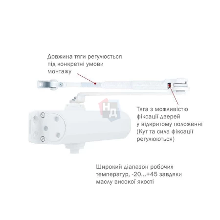 Доводчик дверной накладной RYOBI DS-2055V EN3/4/5 BC GLOSSY_WHITE белый стандартная тяга (100кг)