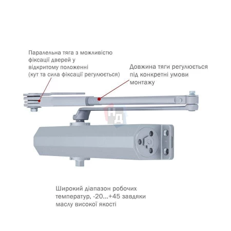Доводчик дверной накладной RYOBI DS-3550 EN1-5 SILVER хром параллельная тяга (100кг)
