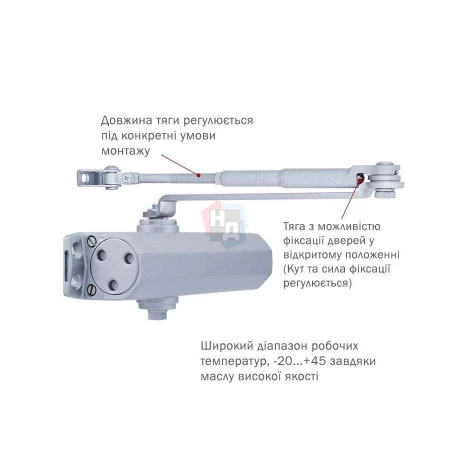 Доводчик дверной накладной RYOBI DS-1554 EN2/3/4 SILVER хром стандартная тяга (80кг)