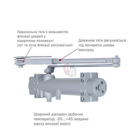 Доводчик дверной накладной RYOBI DS-4550 EN2-7+ SILVER хром параллельная тяга (200кг)