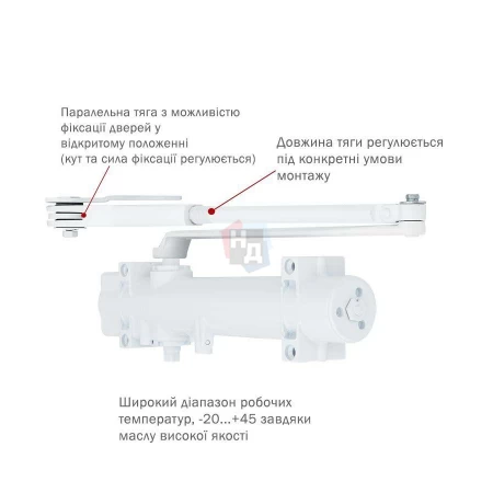 Доводчик дверной накладной RYOBI DS-4550 EN2-7+ WHITE белый параллельная тяга (200кг)
