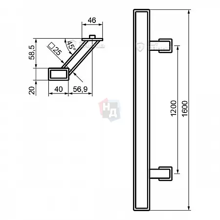 Дверная ручка скоба ABARO Sydney 45° L:1600 X:1200 W: 40*20mm BM черный матовый (половинка)