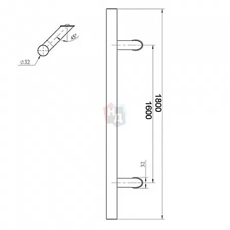 Дверная ручка скоба ABARO Bali 45° L:1800 X:1600 D:32mm SS 304 антрацит RAL 7016 (половинка)