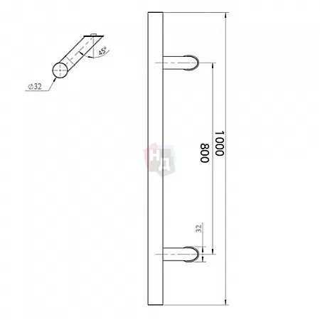 Дверная ручка скоба ABARO Bali 45° L: 1000 X: 800 D: 32mm SS сталь нержавеющая (половинка)