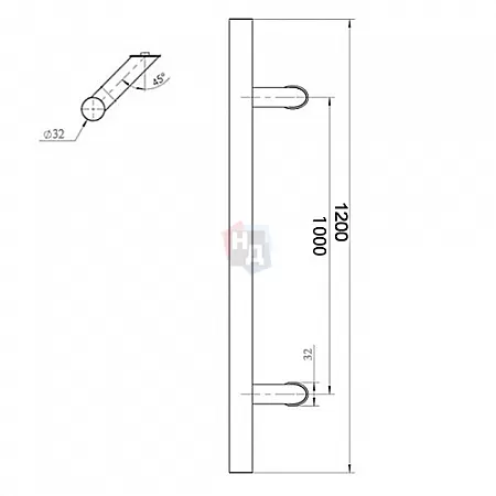 Дверная ручка скоба ABARO Bali 45° L: 1200 X: 1000 D: 32mm SS сталь нержавеющая (половинка)