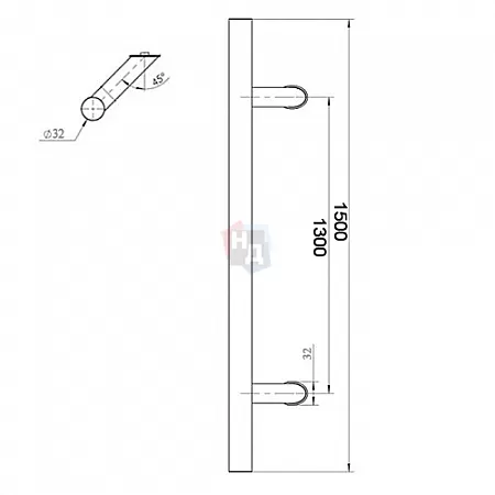 Дверная ручка скоба ABARO Bali 45° L: 1500 X: 1300 D: 32mm SS сталь нержавеющая (половинка)