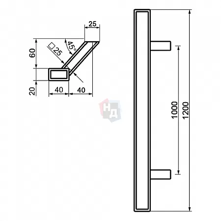 Дверная ручка скоба ABARO Sydney 45° L:1200 X:1000 W:40*20mm SS сталь нержавеющая (половинка)