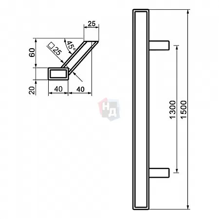 Дверная ручка скоба ABARO Sydney 45° L: 1500 X: 1300 W: 40*20mm SS сталь нержавеющая (комплект)