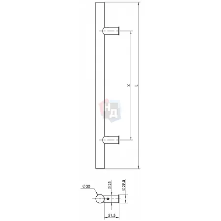 Дверная ручка скоба WALA P10 90° L:1000 X:800 D:30 SS сталь нержавеющая (половинка для стеклянных дверей)