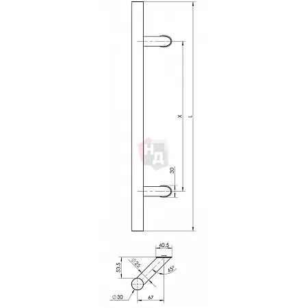 Дверная ручка скоба WALA P45 45° L:1200 X:1000 D:30 SS сталь нержавеющая (комплект)