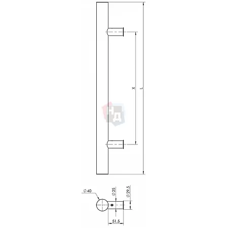 Дверная ручка скоба WALA P10 90° L:1400 X:1200 D:40 SS сталь нержавеющая (половинка для стеклянных дверей)