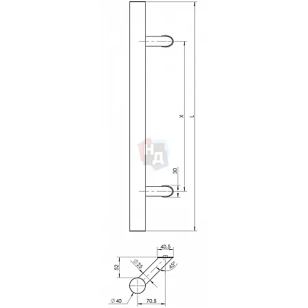 Дверная ручка скоба WALA P45 45° L:1400 X:1200 D:40 SS сталь нержавеющая (половинка для стеклянных дверей)