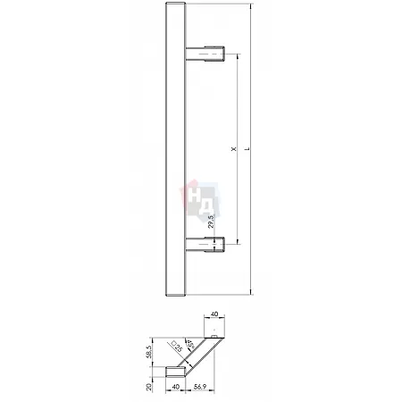Дверная ручка скоба WALA QA45RX 45° L:500 X:300 D:40x20 ALU черный (половинка для стеклянных дверей)