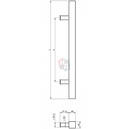 Дверная ручка скоба WALA QA10 90° L:1800 X:1300 D:40x40 ALU черный (комплект)