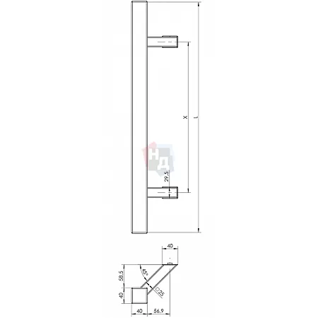 Дверная ручка скоба WALA QA45RX 45° L:1800 X:1300 D:40x40 ALU черный (комплект)