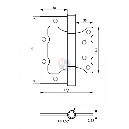 Петля дверная накладная SIBA 2BB 100*75*2.35 SN никель матовый универсальная