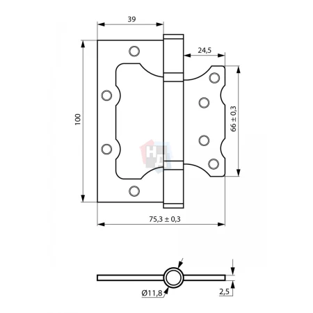 Петля дверная накладная SIBA 2BB 100*75*2.5 AB бронза античная универсальная