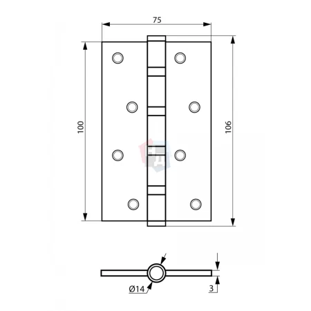 Петля дверная врезная SIBA 2BB 100*75*3 SN никель матовый универсальная (усиленная)