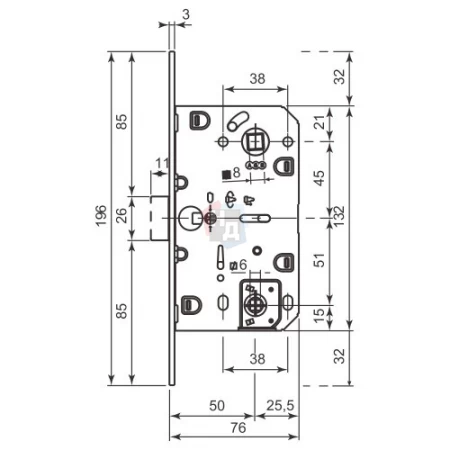 Замок межкомнатный AGB Mediana Polaris 2XT WC сатин хром (серая краска) (B061025041)