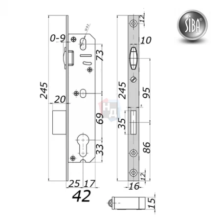 Замок узкопрофильный Siba PVC 10092/PR-25