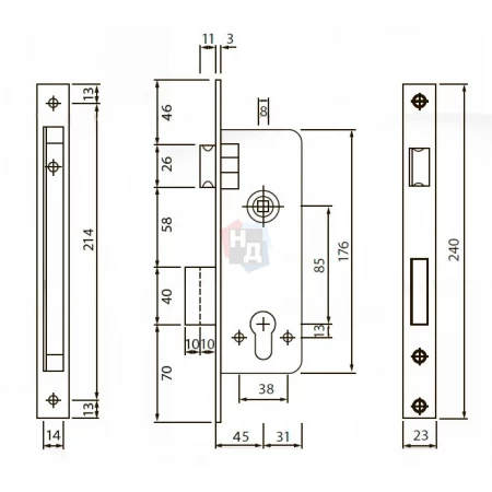 Замок врезной Siba 10152/R CP 45mm хром