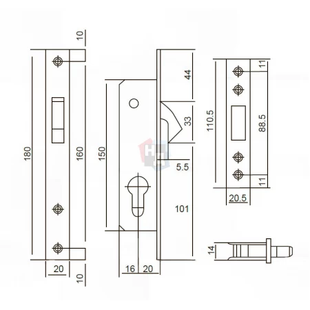 Замок врезной Siba 10201/20 CP хром (краб)