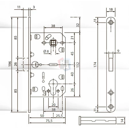 Замок межкомнатный Siba MLK-03 PB (механизм PZ) латунь полированная