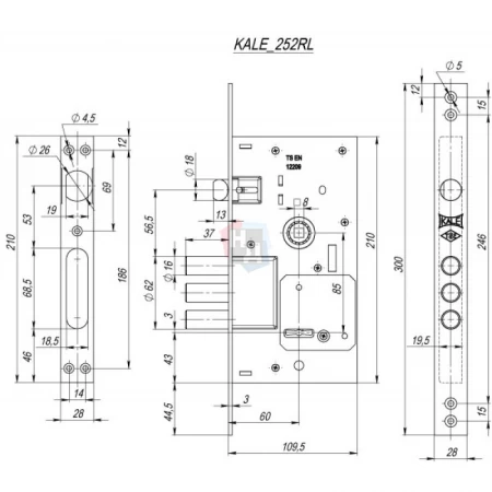 Замок врезной Kale 252 RL