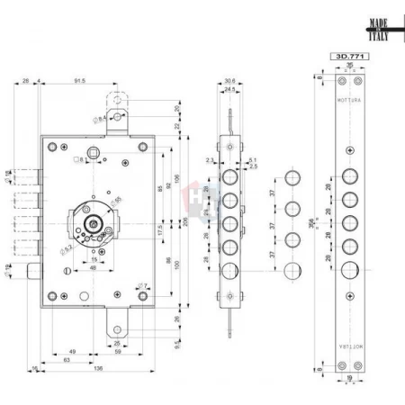 Замок врезной Mottura 3D.771 (3D771L80005CS) левый 3D Key (складной ключ)