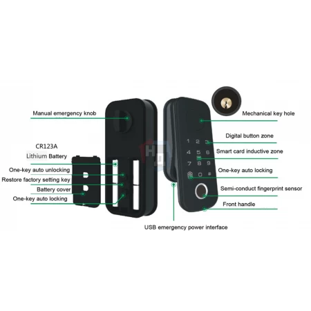 Умный замок PES David черный (отпечаток пальца, приложение, код, брелок, NFC, RFID-карта)