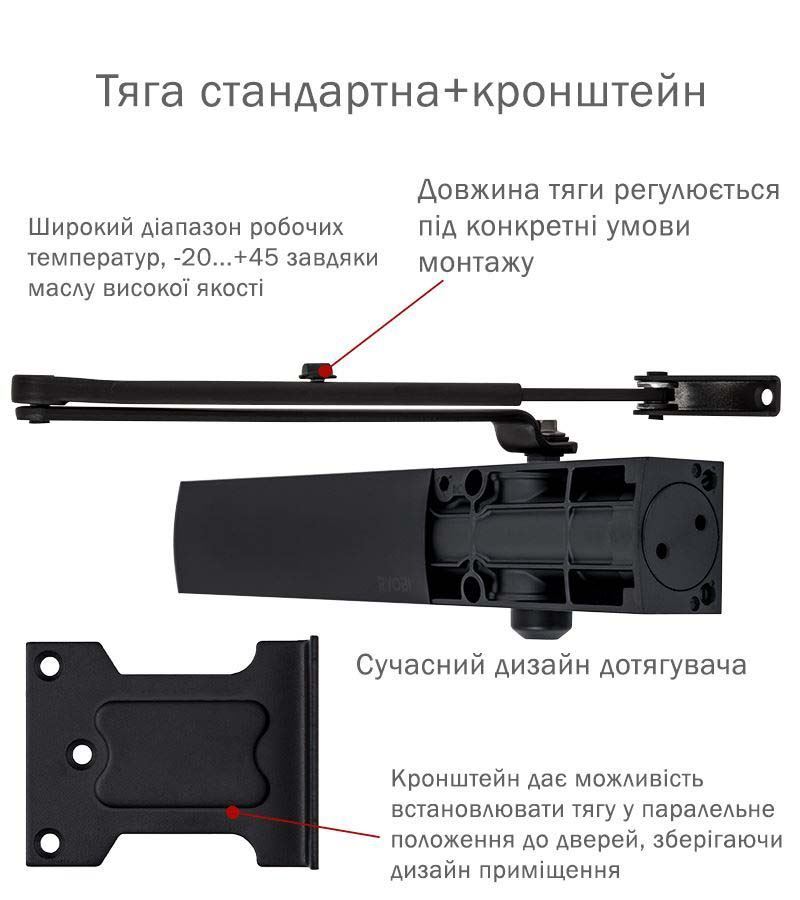 Доводчик дверной накладной RYOBI LIM D-1200 EN2/3/4 BLACK черный универсальная тяга (80кг)